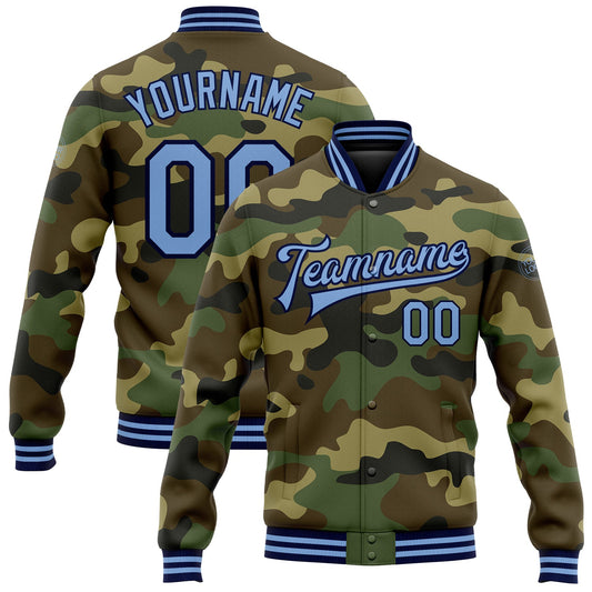 Custom Camo Light Blue-Navy Bomber Full-Snap Varsity Letterman Salute To Service Jacket - Main View