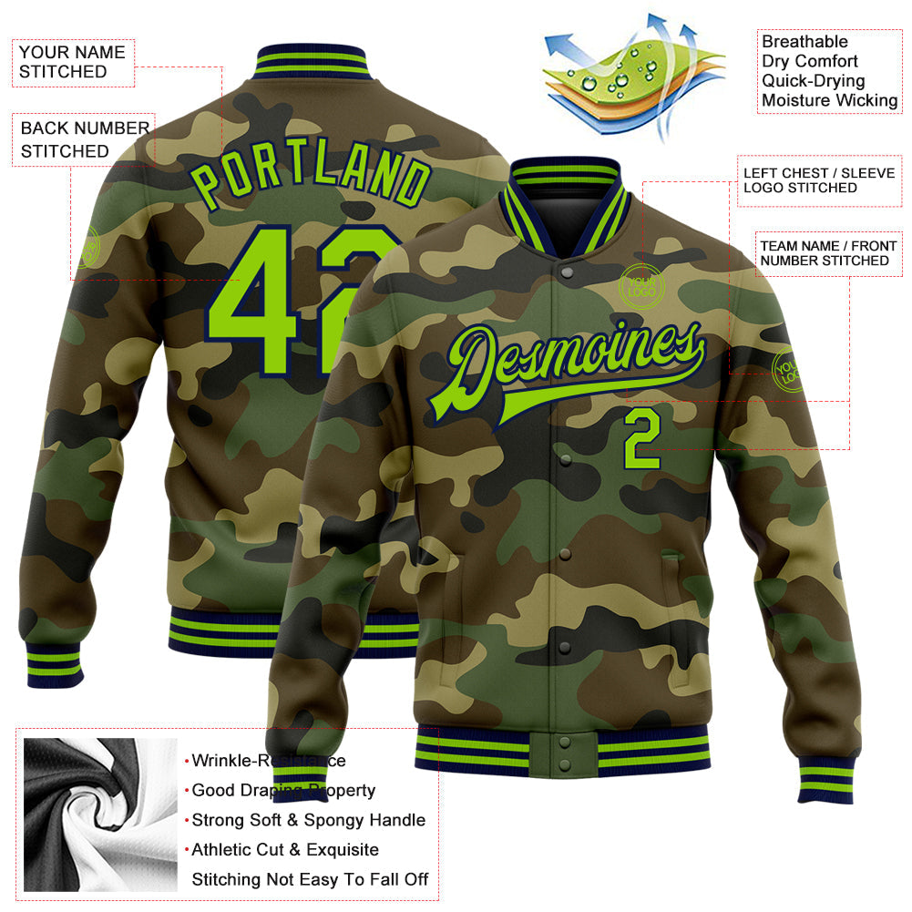 Custom Camo Neon Green-Navy Bomber Full-Snap Varsity Letterman Salute To Service Jacket view 5