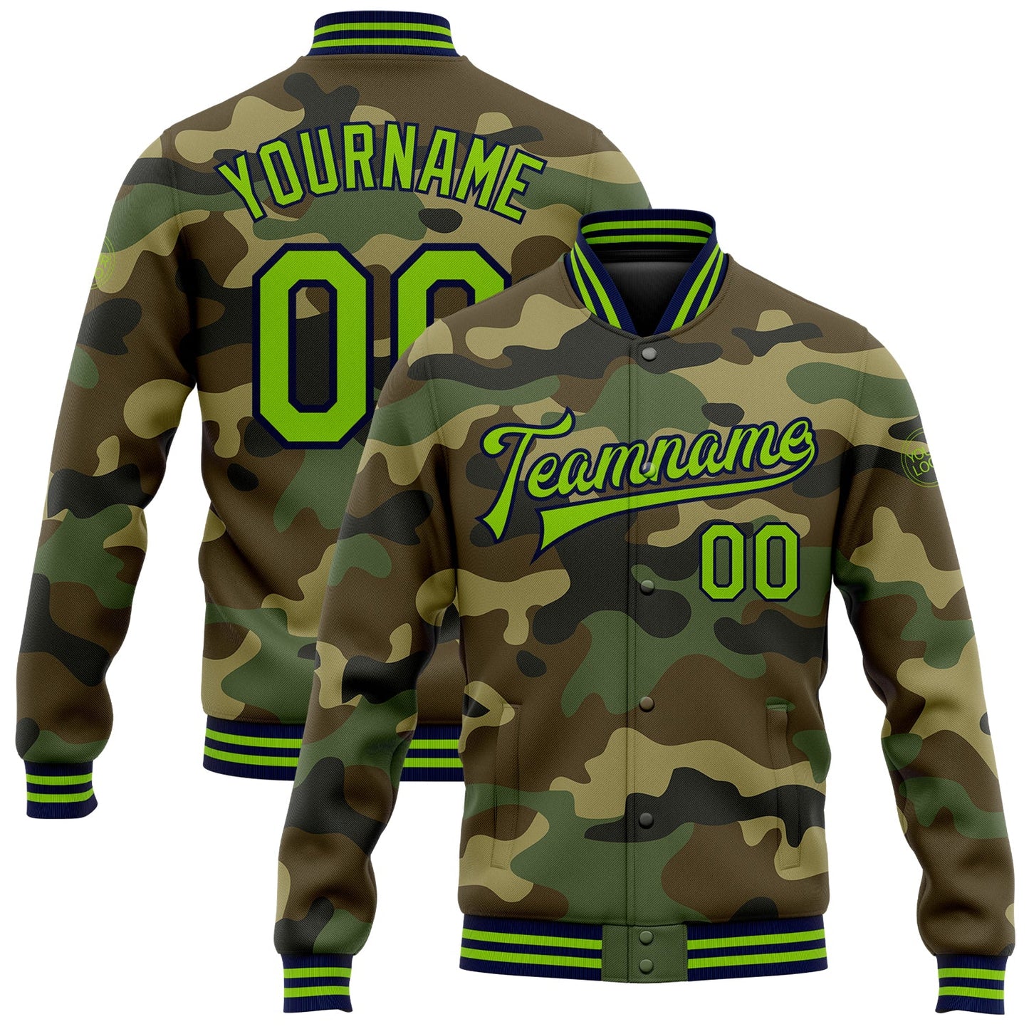 Custom Camo Neon Green-Navy Bomber Full-Snap Varsity Letterman Salute To Service Jacket - Main View