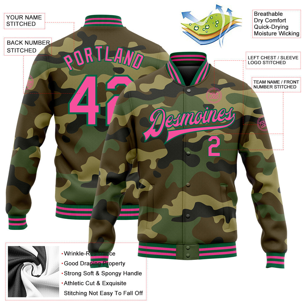 Custom Camo Pink-Kelly Green Bomber Full-Snap Varsity Letterman Salute To Service Jacket view 5