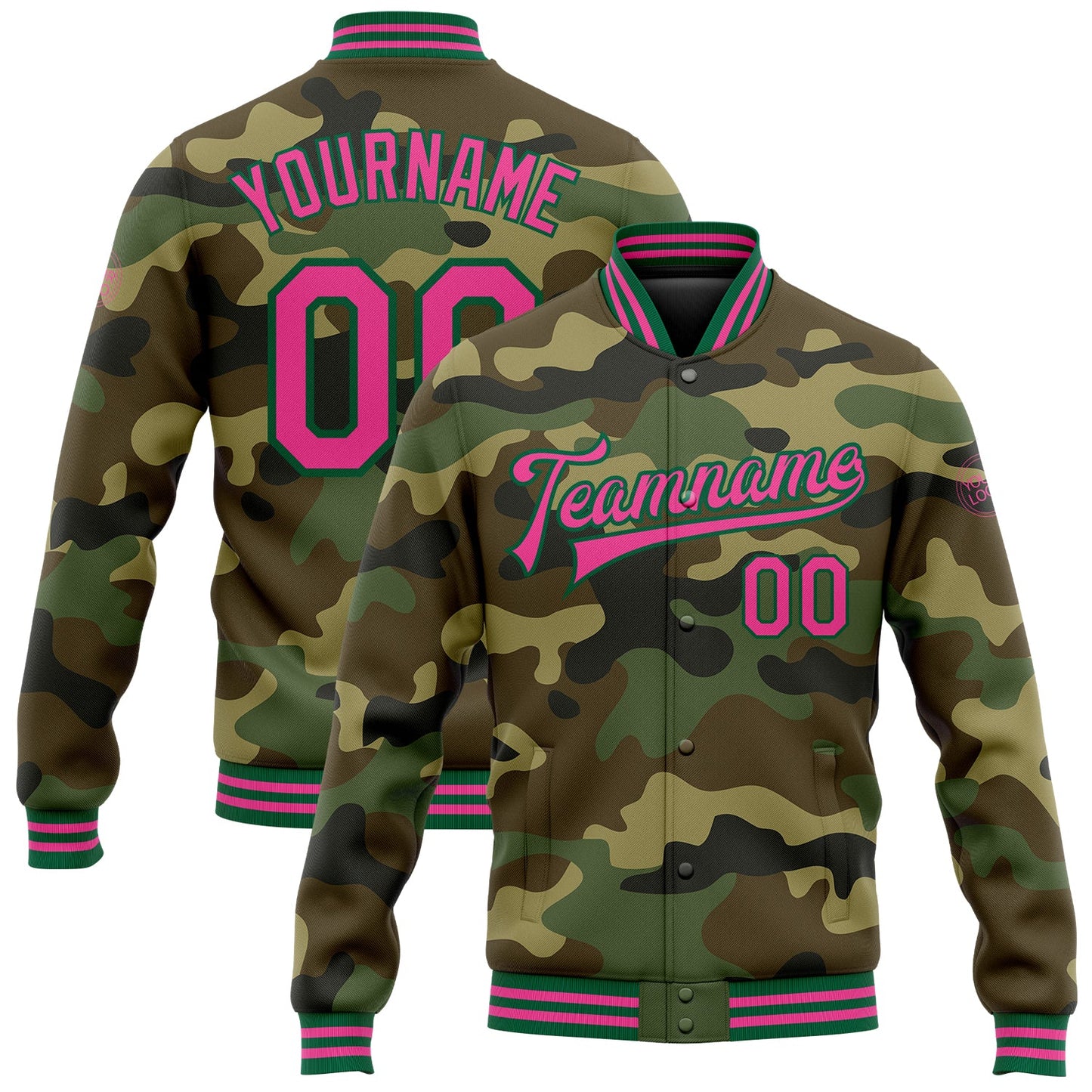 Custom Camo Pink-Kelly Green Bomber Full-Snap Varsity Letterman Salute To Service Jacket - Main View