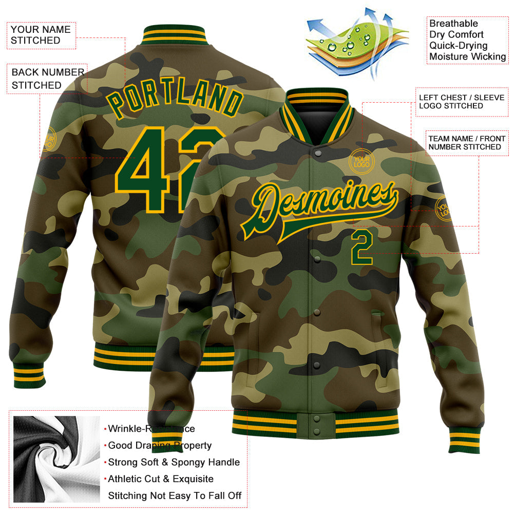 Custom Camo Green-Gold Bomber Full-Snap Varsity Letterman Salute To Service Jacket view 5