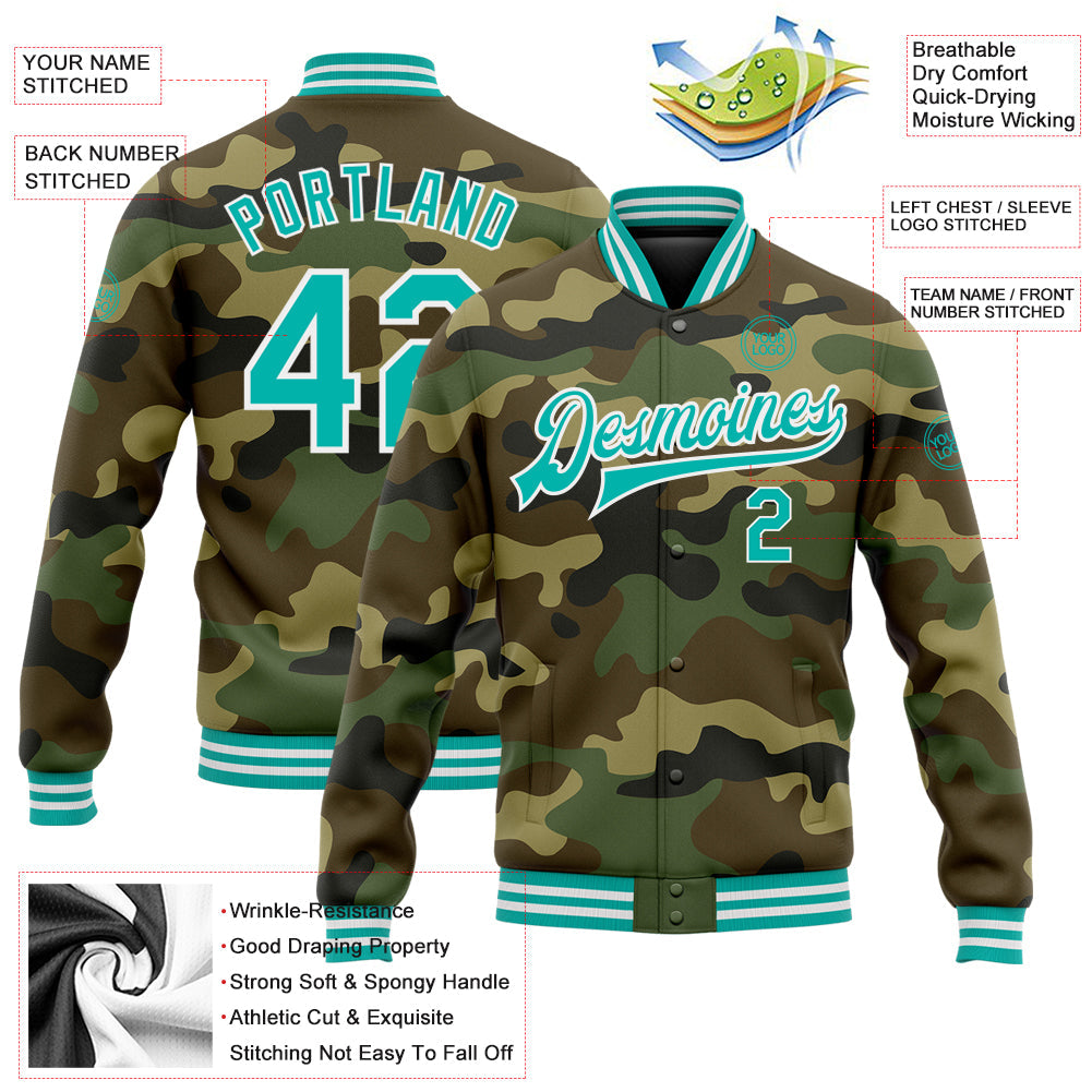 Custom Camo Aqua-White Bomber Full-Snap Varsity Letterman Salute To Service Jacket view 5