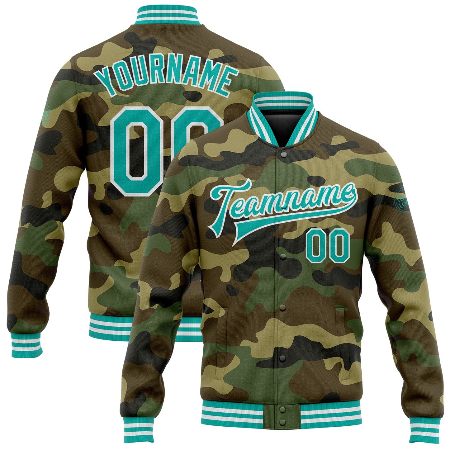 Custom Camo Aqua-White Bomber Full-Snap Varsity Letterman Salute To Service Jacket - Main View