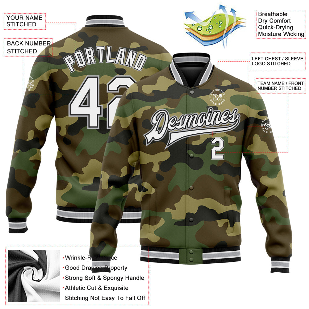 Custom Camo White Black-Gray Bomber Full-Snap Varsity Letterman Salute To Service Jacket view 5
