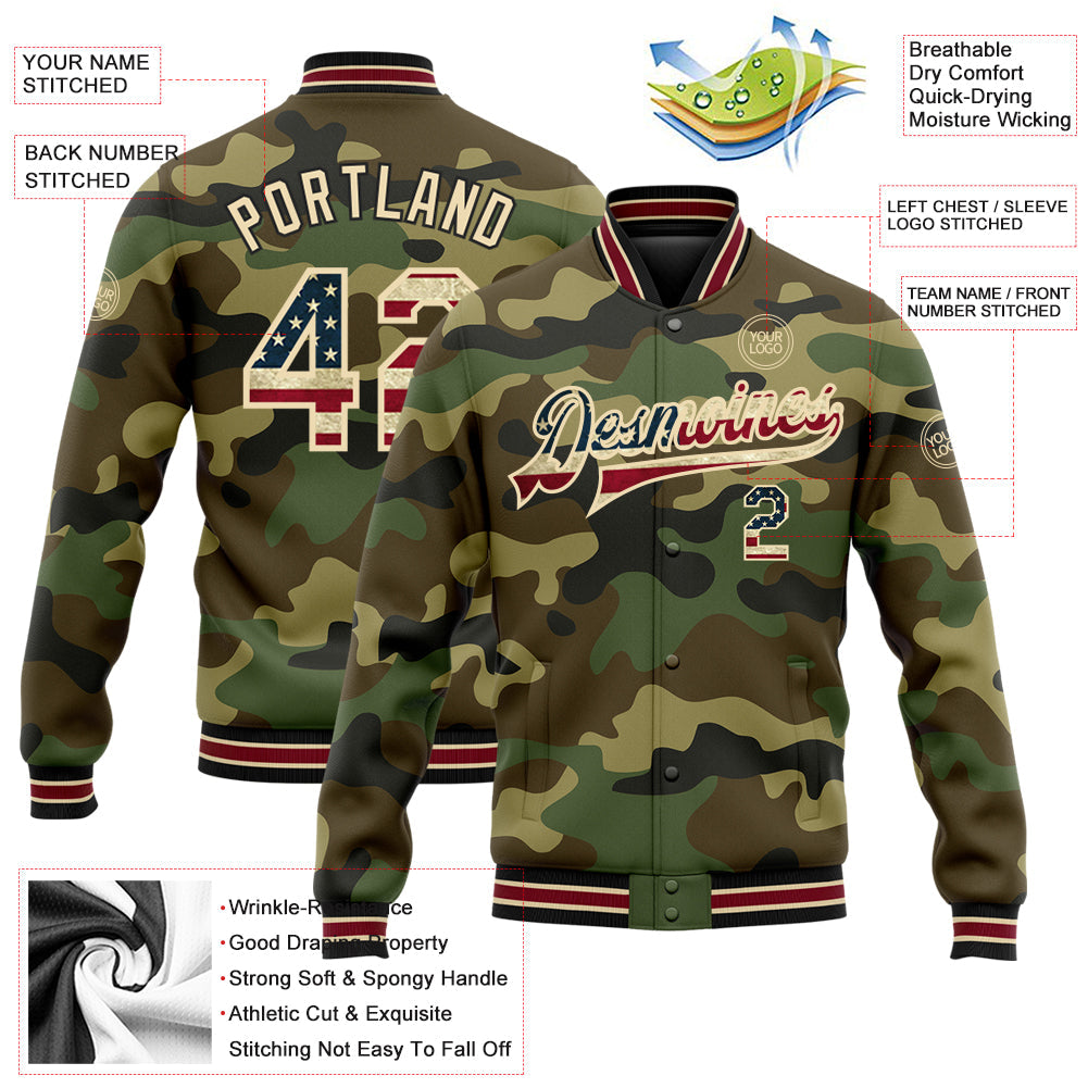 Custom Camo Vintage USA Flag City Cream Crimson-Black Bomber Full-Snap Varsity Letterman Salute To Service Jacket view 5