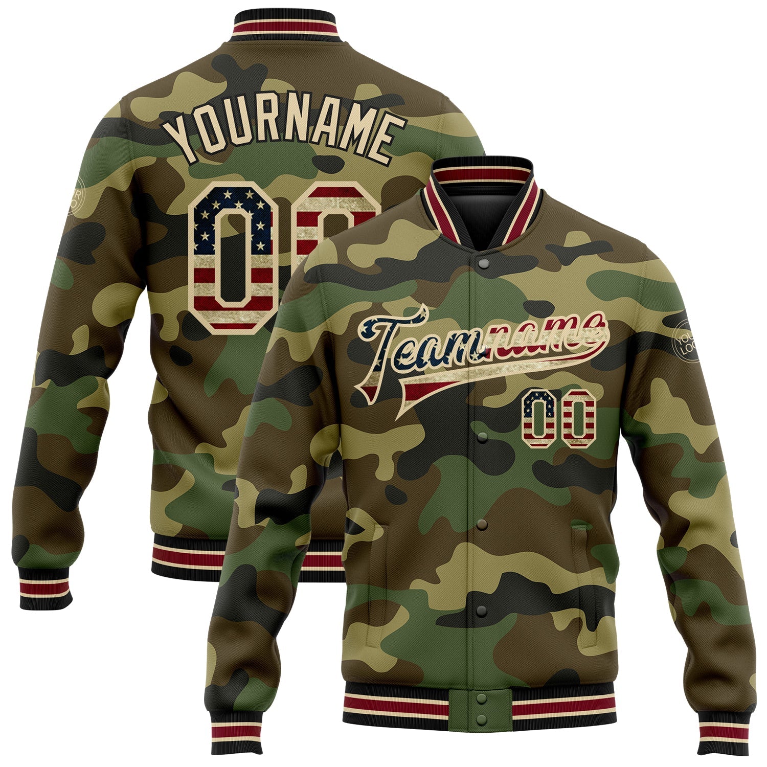 Custom Camo Vintage USA Flag City Cream Crimson-Black Bomber Full-Snap Varsity Letterman Salute To Service Jacket - Main View