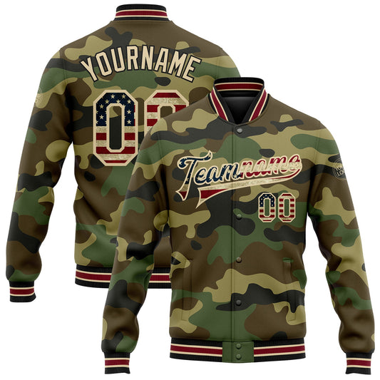 Custom Camo Vintage USA Flag City Cream Crimson-Black Bomber Full-Snap Varsity Letterman Salute To Service Jacket - Main View