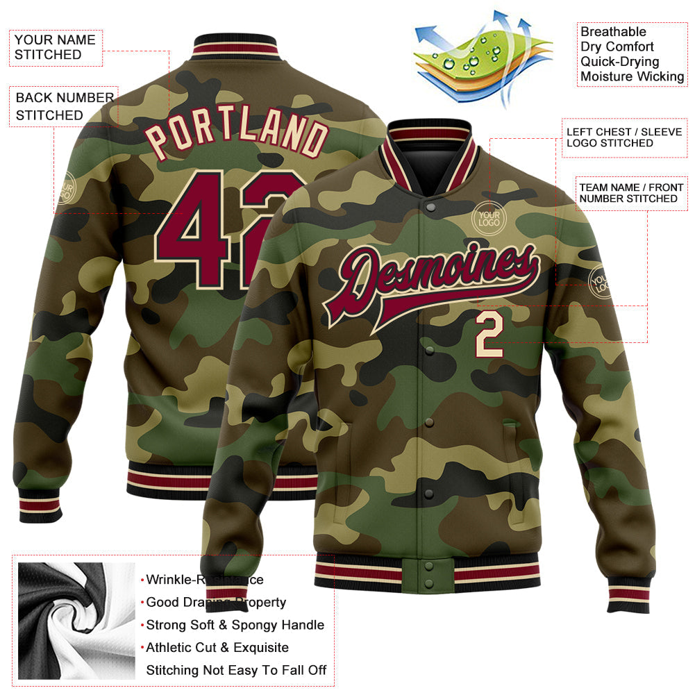 Custom Camo Crimson Black-City Cream Bomber Full-Snap Varsity Letterman Salute To Service Jacket view 5