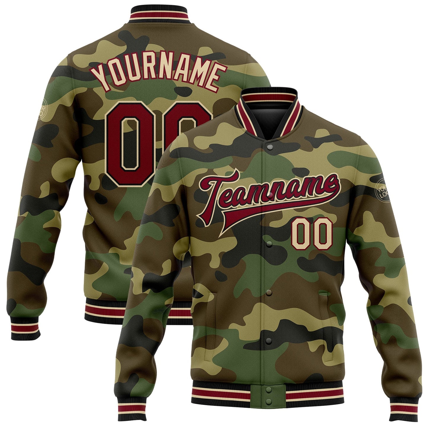 Custom Camo Crimson Black-City Cream Bomber Full-Snap Varsity Letterman Salute To Service Jacket - Main View