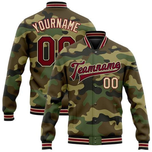 Custom Camo Crimson Black-City Cream Bomber Full-Snap Varsity Letterman Salute To Service Jacket - Main View