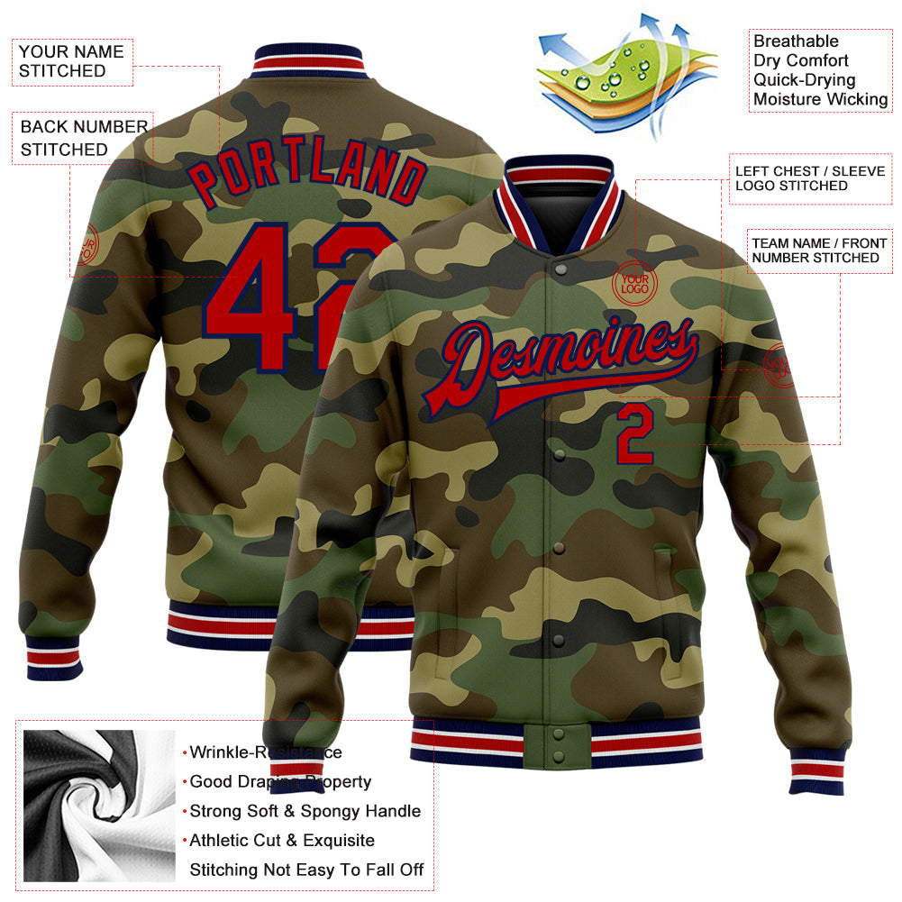 Custom Camo Red-Navy Bomber Full-Snap Varsity Letterman Salute To Service Jacket view 5
