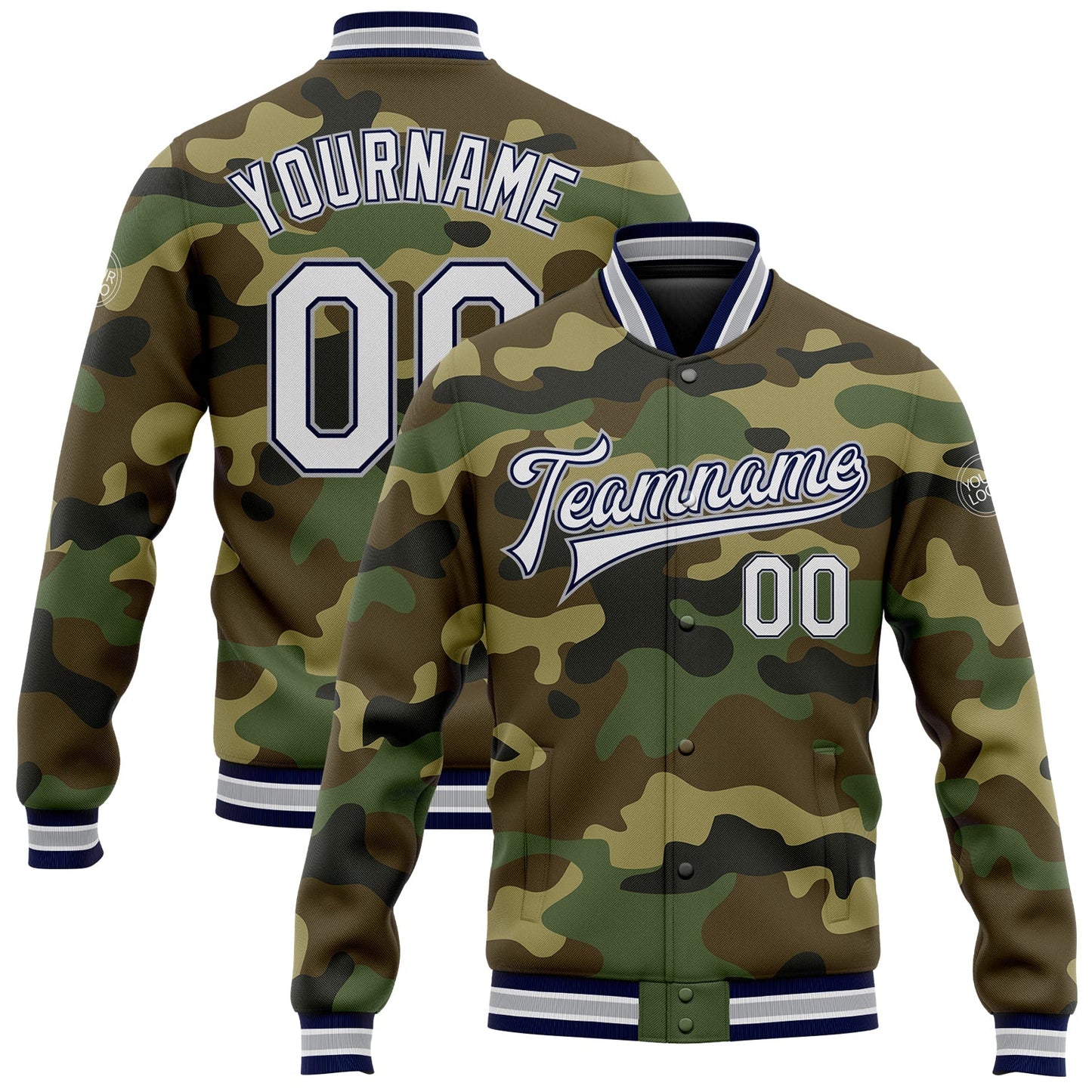 Custom Camo White Navy-Gray Bomber Full-Snap Varsity Letterman Salute To Service Jacket - Main View