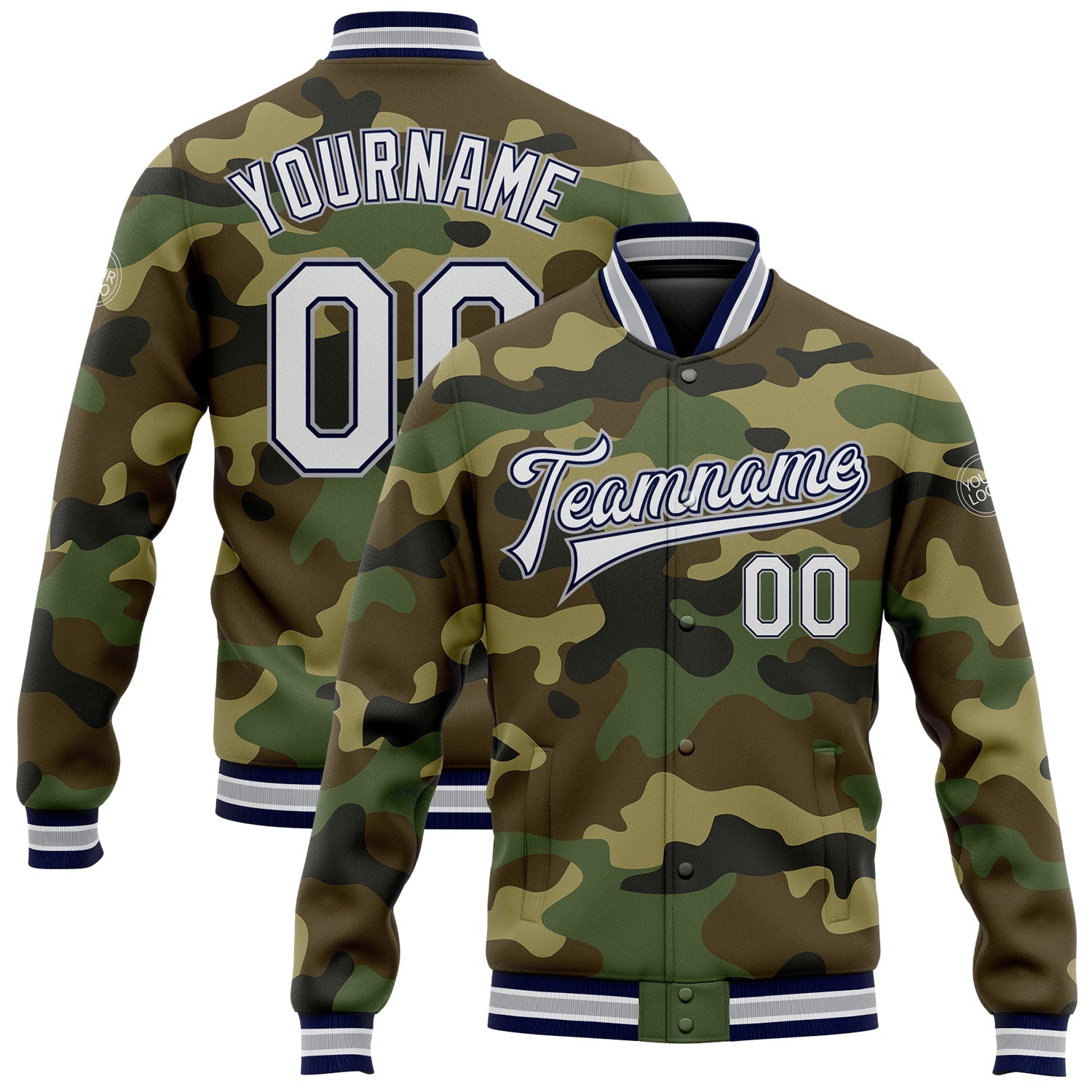 Custom Camo White Navy-Gray Bomber Full-Snap Varsity Letterman Salute To Service Jacket - Main View