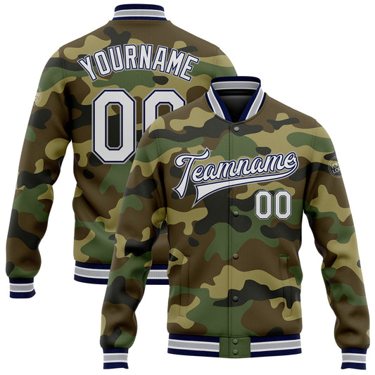 Custom Camo White Navy-Gray Bomber Full-Snap Varsity Letterman Salute To Service Jacket - Main View