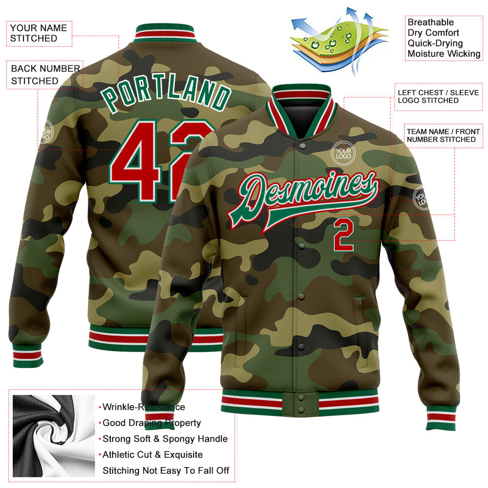 Custom Camo Red-Kelly Green Bomber Full-Snap Varsity Letterman Salute To Service Jacket view 5