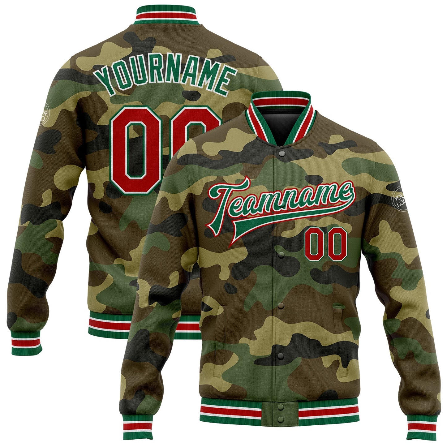 Custom Camo Red-Kelly Green Bomber Full-Snap Varsity Letterman Salute To Service Jacket - Main View