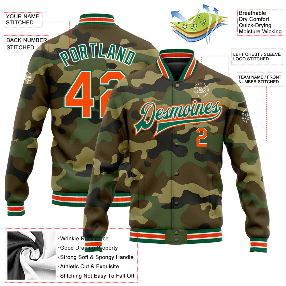 Custom Camo Orange-Kelly Green Bomber Full-Snap Varsity Letterman Salute To Service Jacket view 5