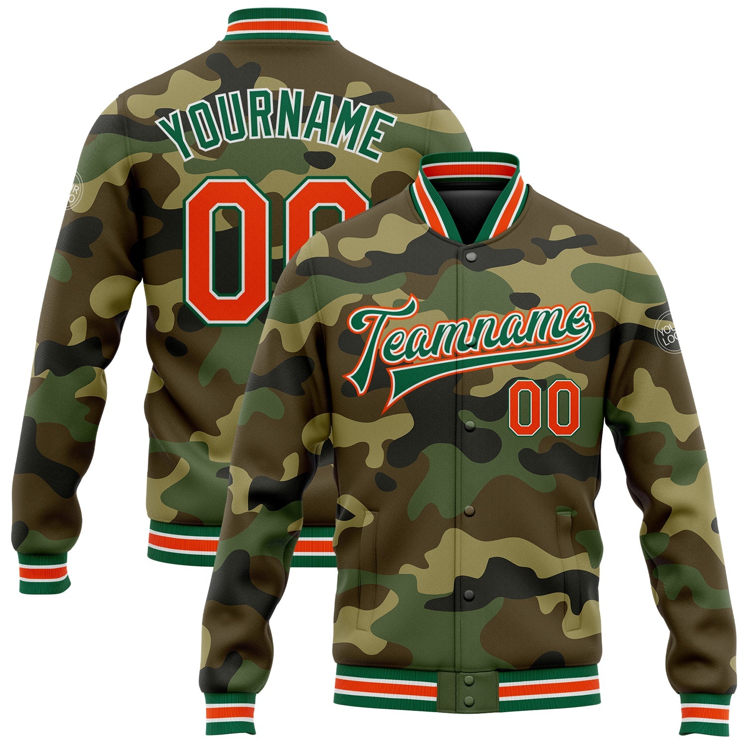 Custom Camo Orange-Kelly Green Bomber Full-Snap Varsity Letterman Salute To Service Jacket - Main View
