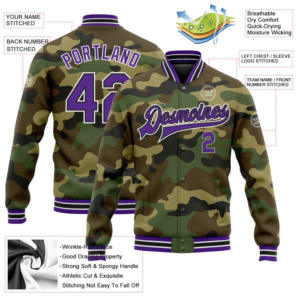 Custom Camo Purple-Black Bomber Full-Snap Varsity Letterman Salute To Service Jacket view 5