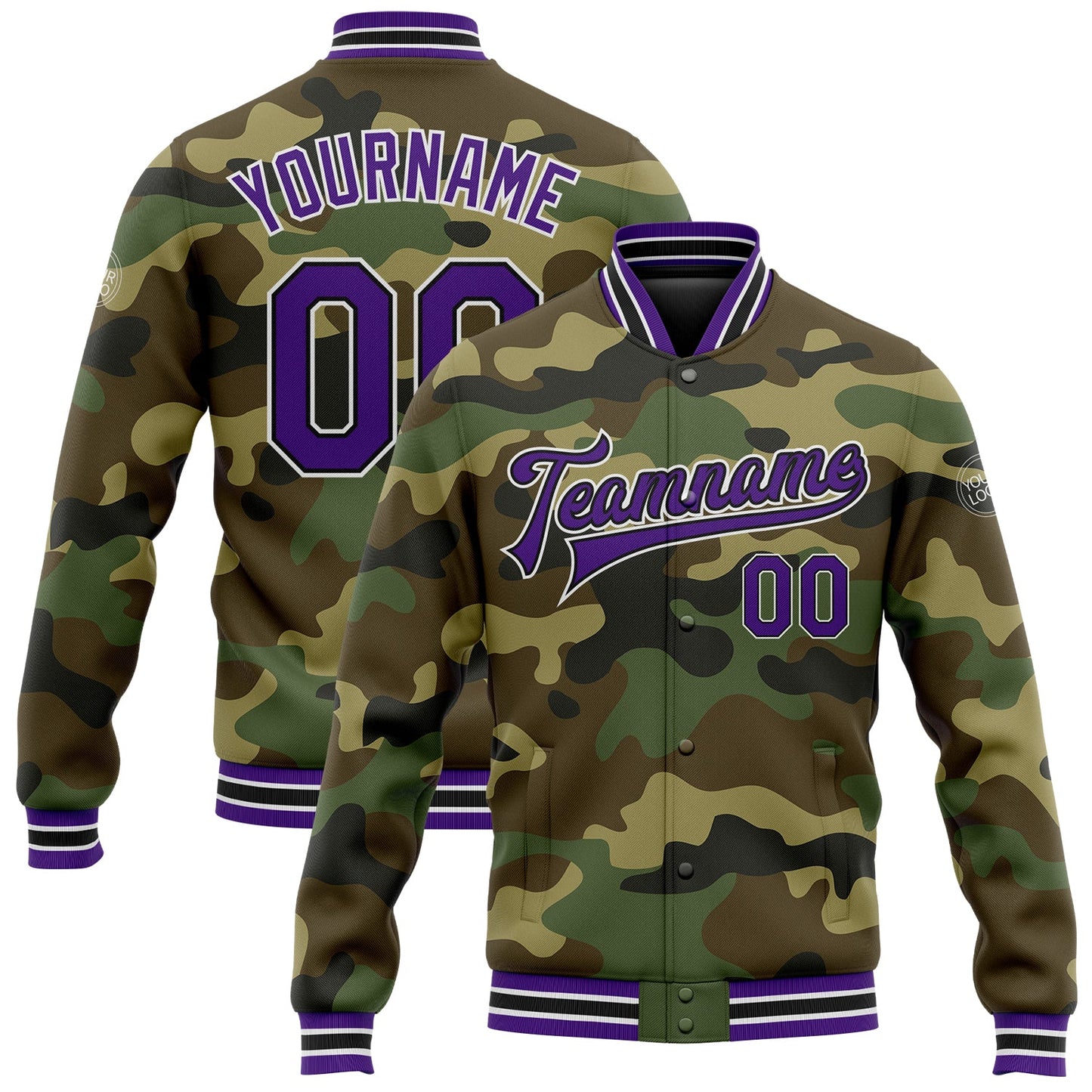 Custom Camo Purple-Black Bomber Full-Snap Varsity Letterman Salute To Service Jacket - Main View