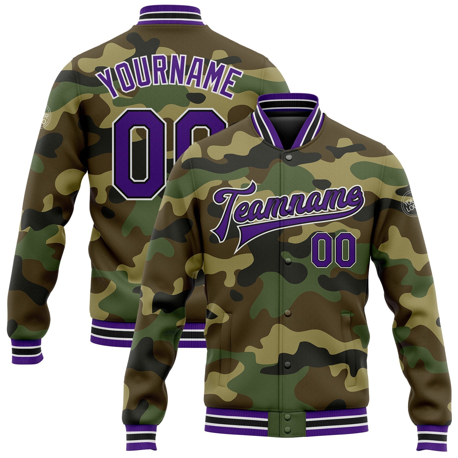 Custom Camo Purple-Black Bomber Full-Snap Varsity Letterman Salute To Service Jacket - Main View