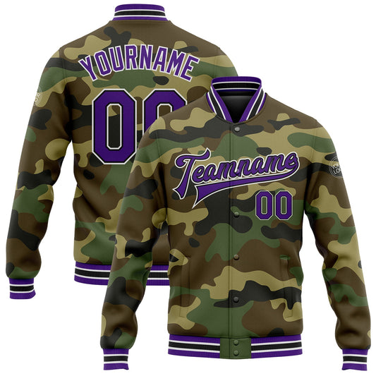 Custom Camo Purple-Black Bomber Full-Snap Varsity Letterman Salute To Service Jacket - Main View