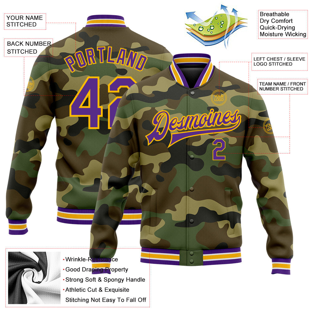 Custom Camo Purple-Gold Bomber Full-Snap Varsity Letterman Salute To Service Jacket view 5