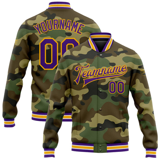 Custom Camo Purple-Gold Bomber Full-Snap Varsity Letterman Salute To Service Jacket - Main View