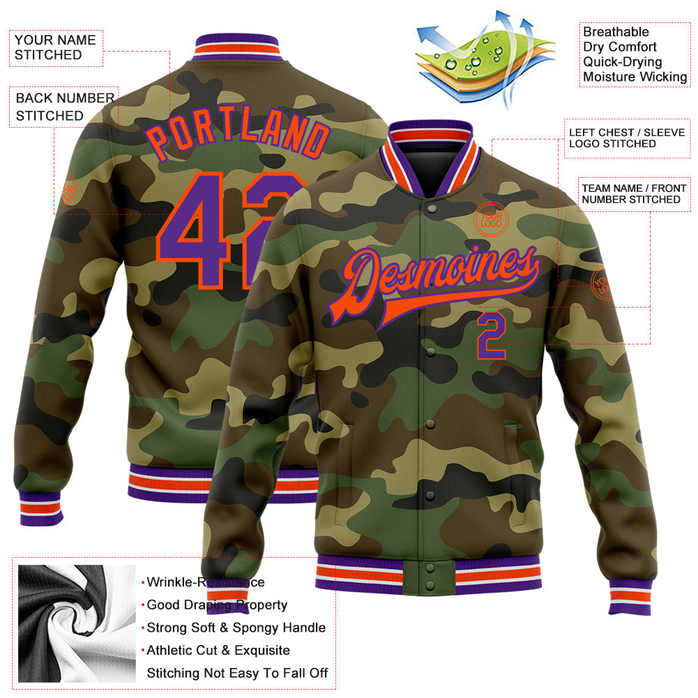 Custom Camo Purple-Orange Bomber Full-Snap Varsity Letterman Salute To Service Jacket view 6
