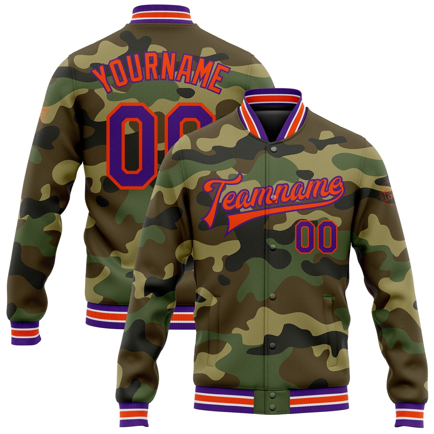Custom Camo Purple-Orange Bomber Full-Snap Varsity Letterman Salute To Service Jacket - Main View