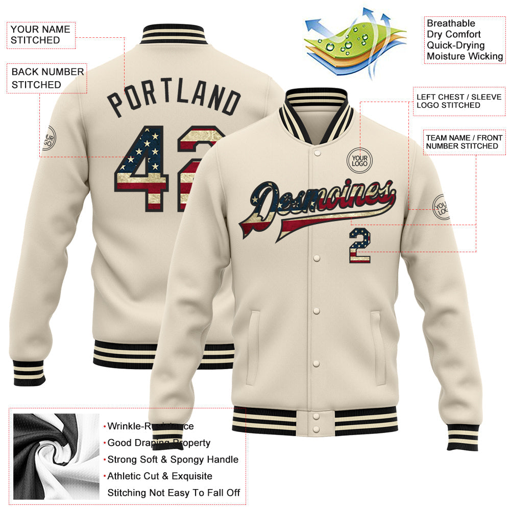 Custom Cream Vintage USA Flag-Black Bomber Full-Snap Varsity Letterman Jacket view 5