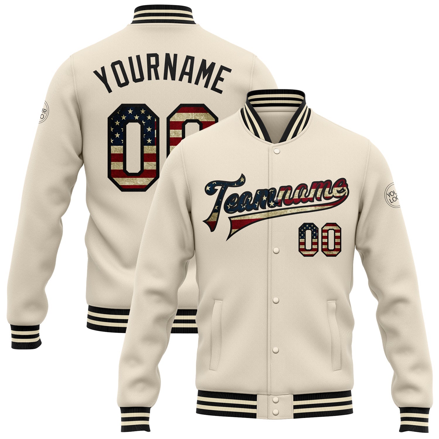 Custom Cream Vintage USA Flag-Black Bomber Full-Snap Varsity Letterman Jacket - Main View