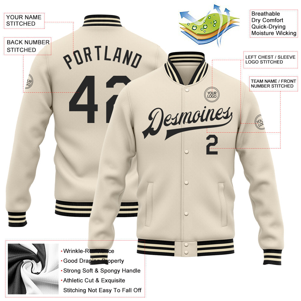 Custom Cream Black Bomber Full-Snap Varsity Letterman Jacket view 5