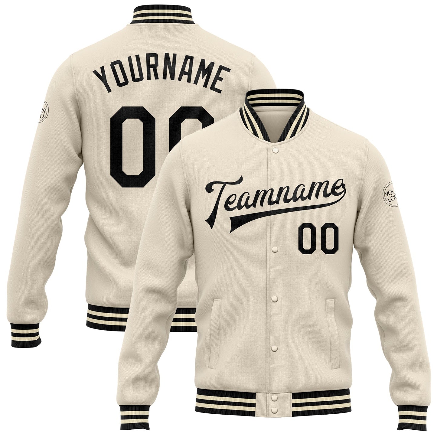Custom Cream Black Bomber Full-Snap Varsity Letterman Jacket - Main View