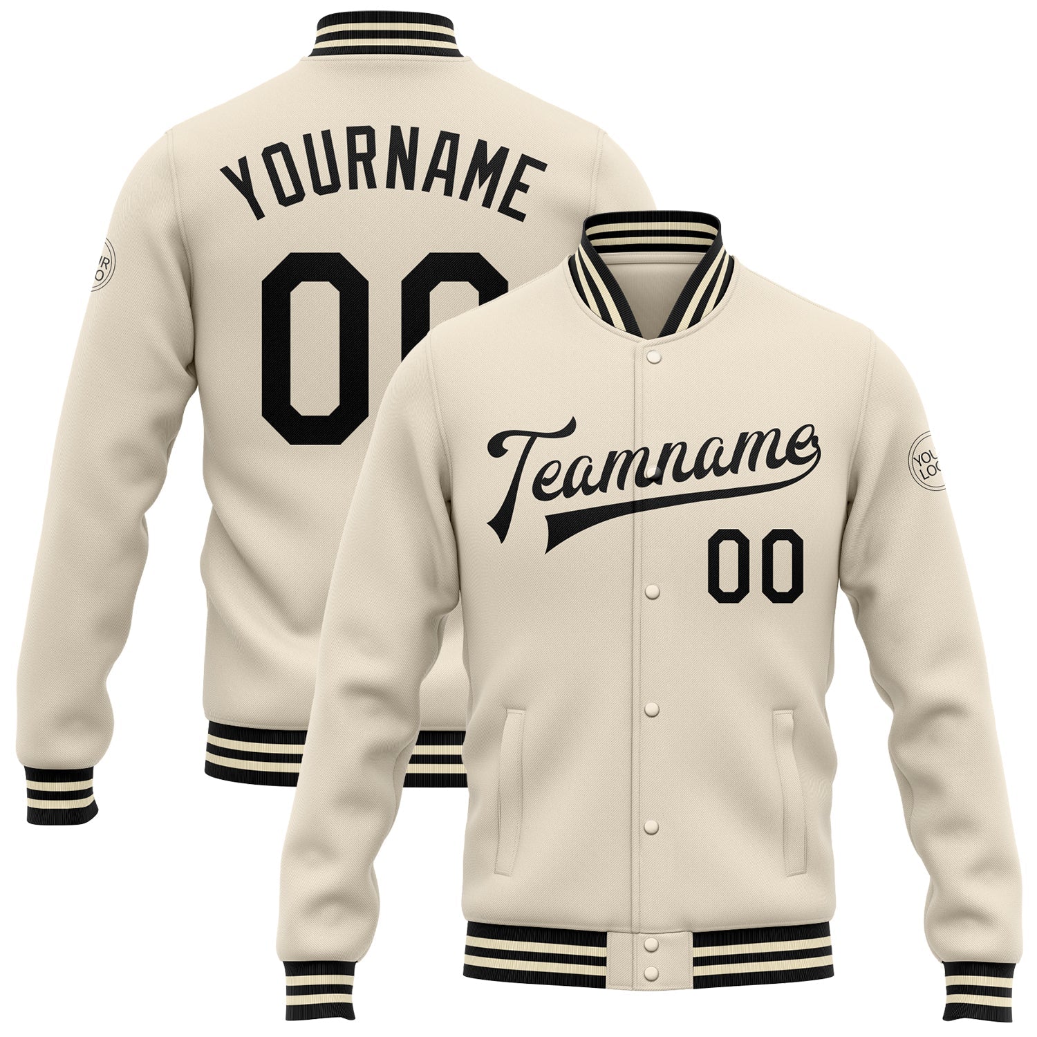 Custom Cream Black Bomber Full-Snap Varsity Letterman Jacket - Main View