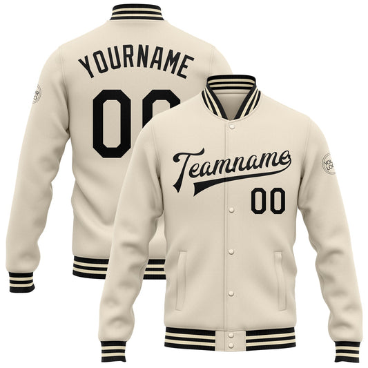 Custom Cream Black Bomber Full-Snap Varsity Letterman Jacket - Main View