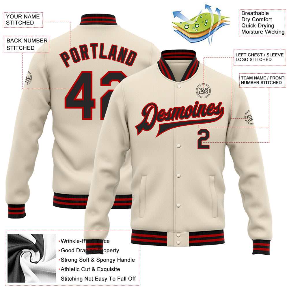Custom Cream Black-Red Bomber Full-Snap Varsity Letterman Jacket view 5