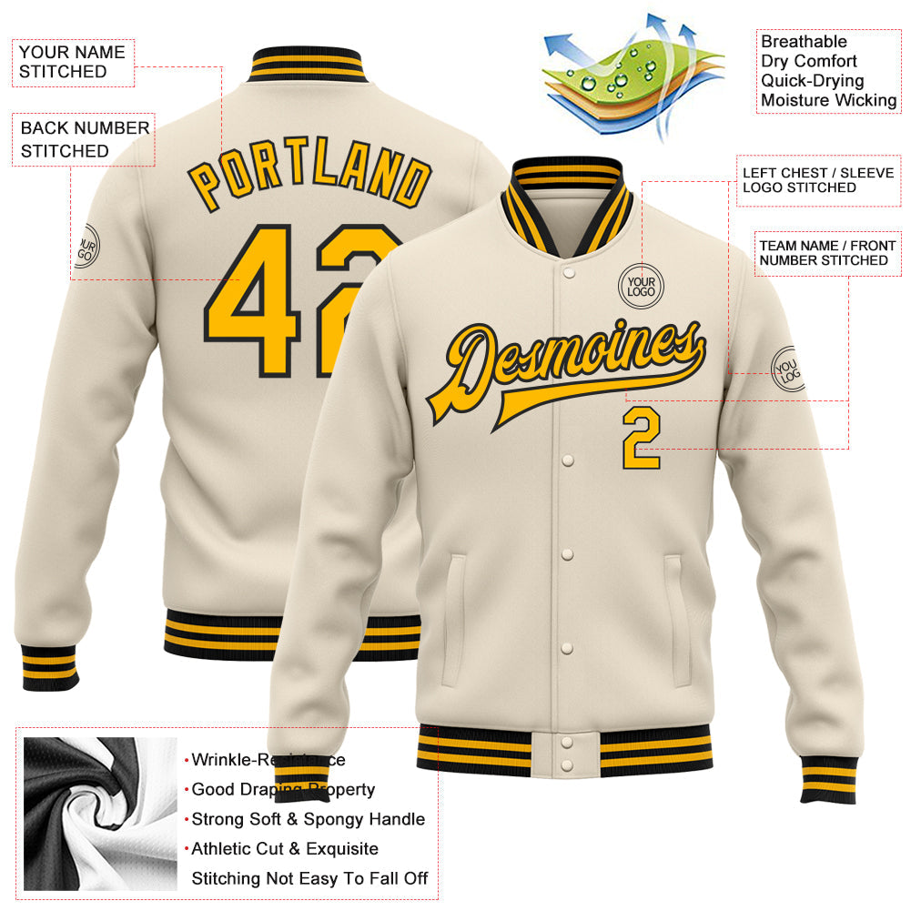 Custom Cream Gold-Black Bomber Full-Snap Varsity Letterman Jacket view 5