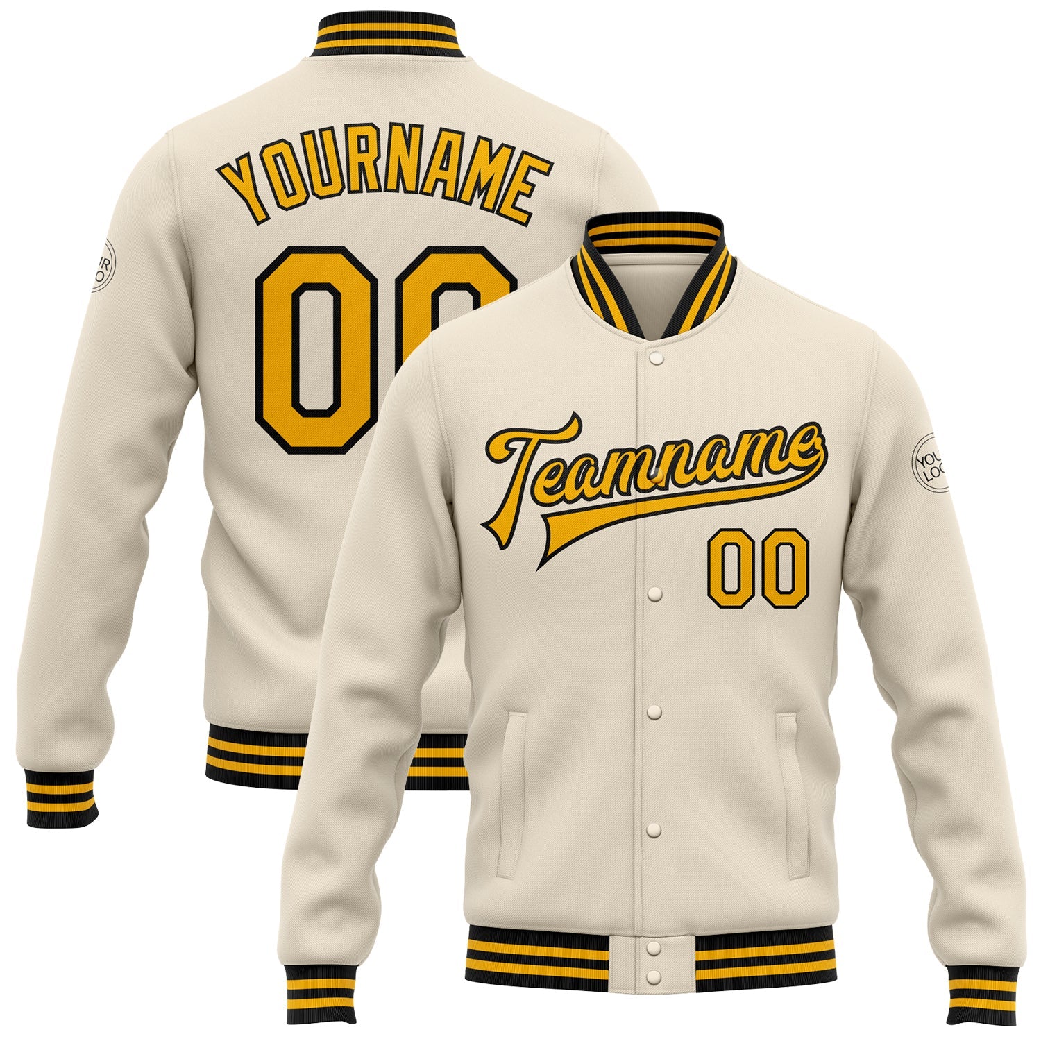 Custom Cream Gold-Black Bomber Full-Snap Varsity Letterman Jacket - Main View
