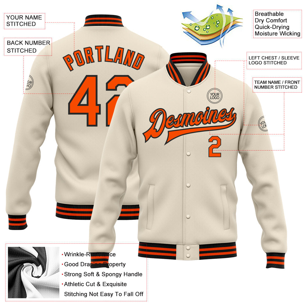 Custom Cream Orange-Black Bomber Full-Snap Varsity Letterman Jacket view 5