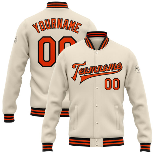 Custom Cream Orange-Black Bomber Full-Snap Varsity Letterman Jacket - Main View
