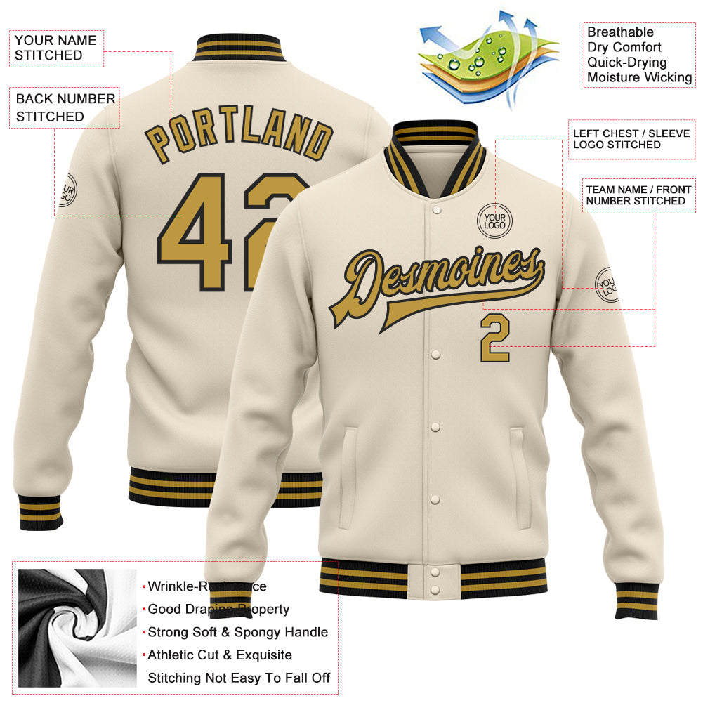 Custom Cream Old Gold-Black Bomber Full-Snap Varsity Letterman Jacket view 5