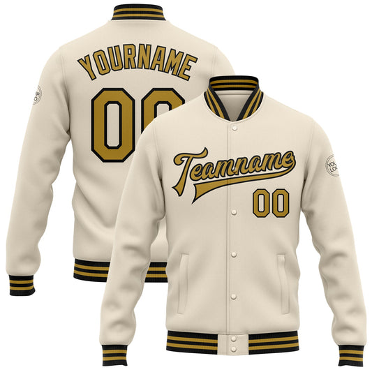 Custom Cream Old Gold-Black Bomber Full-Snap Varsity Letterman Jacket - Main View