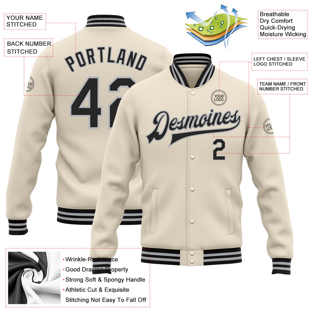 Custom Cream Black-Gray Bomber Full-Snap Varsity Letterman Jacket view 5