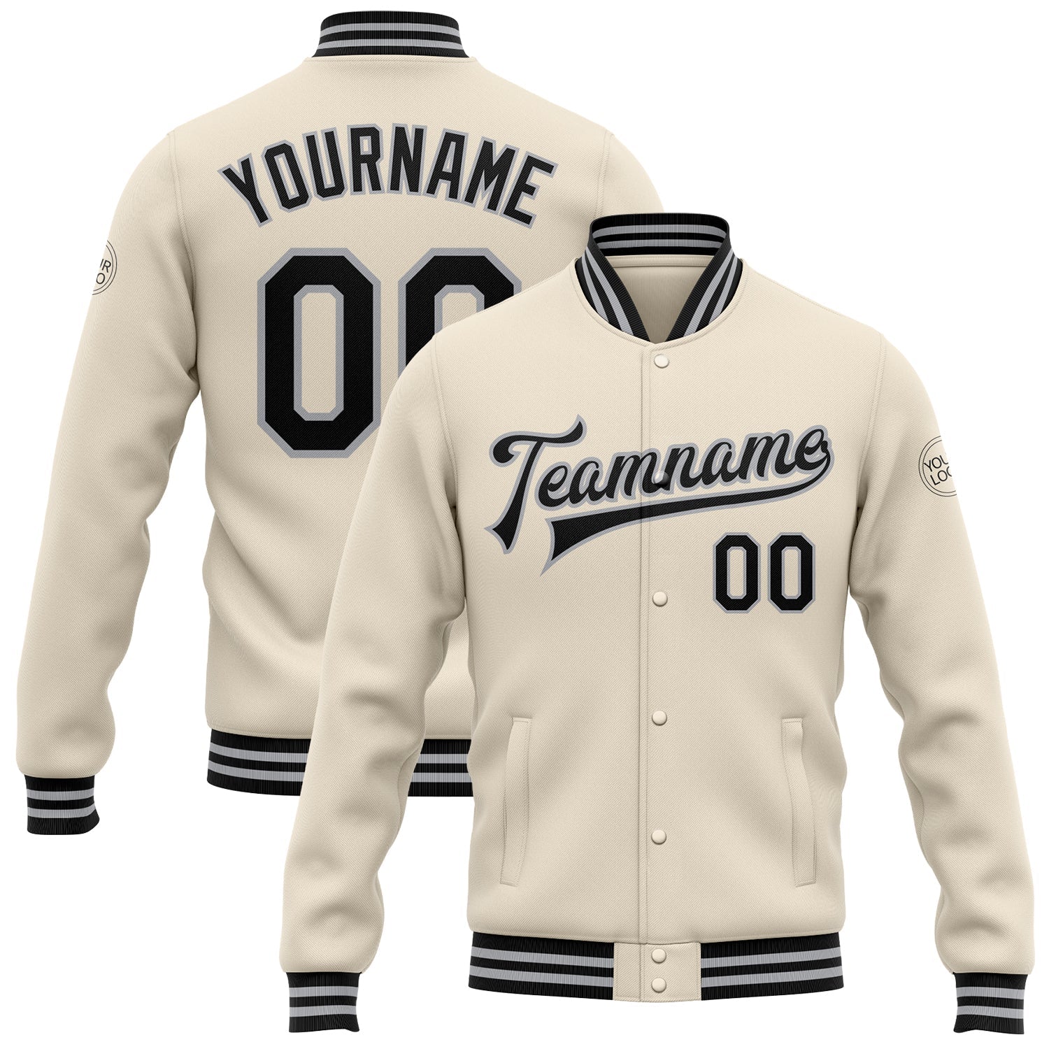 Custom Cream Black-Gray Bomber Full-Snap Varsity Letterman Jacket - Main View