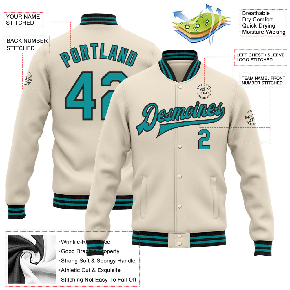 Custom Cream Teal-Black Bomber Full-Snap Varsity Letterman Jacket view 5