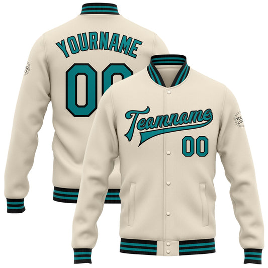 Custom Cream Teal-Black Bomber Full-Snap Varsity Letterman Jacket - Main View