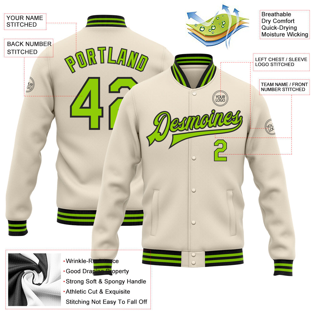 Custom Cream Neon Green-Black Bomber Full-Snap Varsity Letterman Jacket view 5