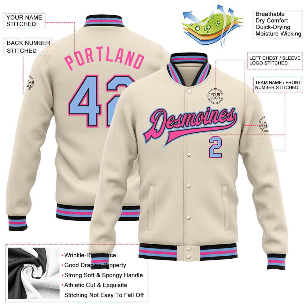 Custom Cream Light Blue Black-Pink Bomber Full-Snap Varsity Letterman Jacket view 5